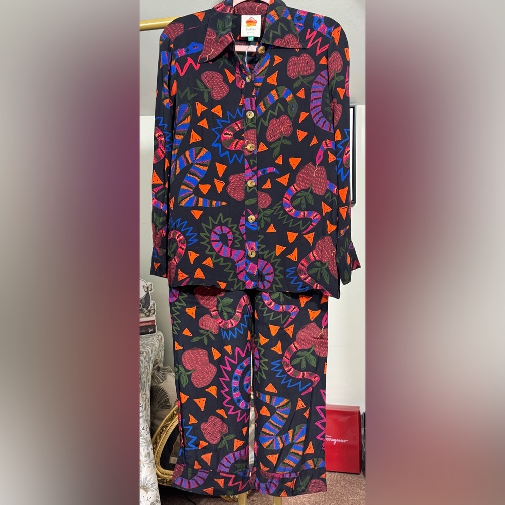EUC FARM Rio 2PC Collared Shirt/Pants Vibrant Colors Snake Motif Gorgeous - Picture 2 of 15